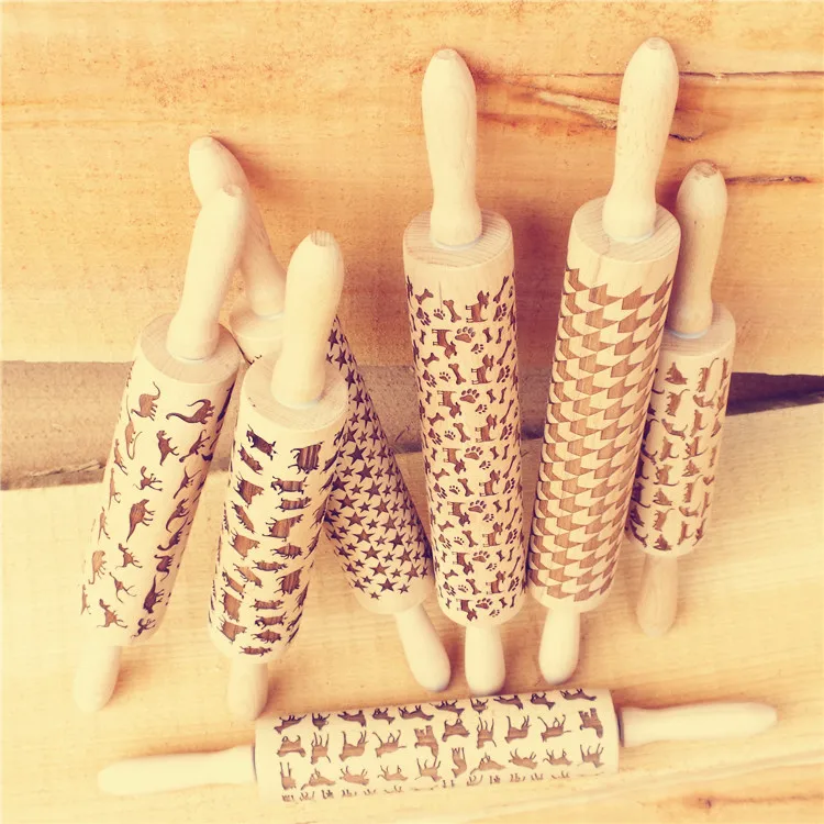 Pattern Embossing Rolling Pin Wooden Laser Engraved With Cats For Embossed Cookies 12 patterns for your choice | Дом и сад