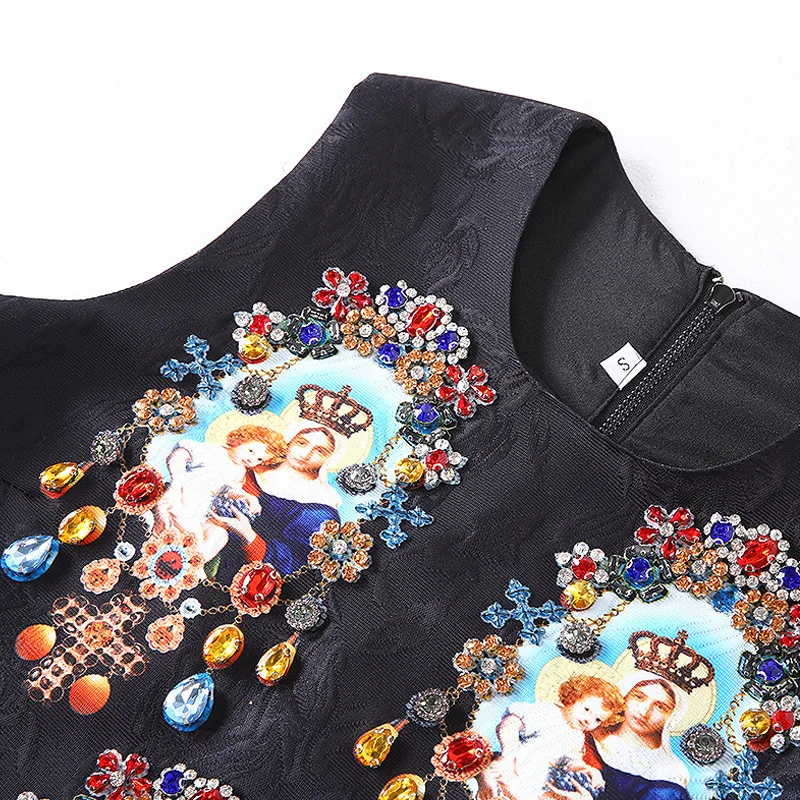 

New Designer Runway Summer Dress Women's Sleevless O Neck Madonna Diamonds Beading Printed Black Short Dress