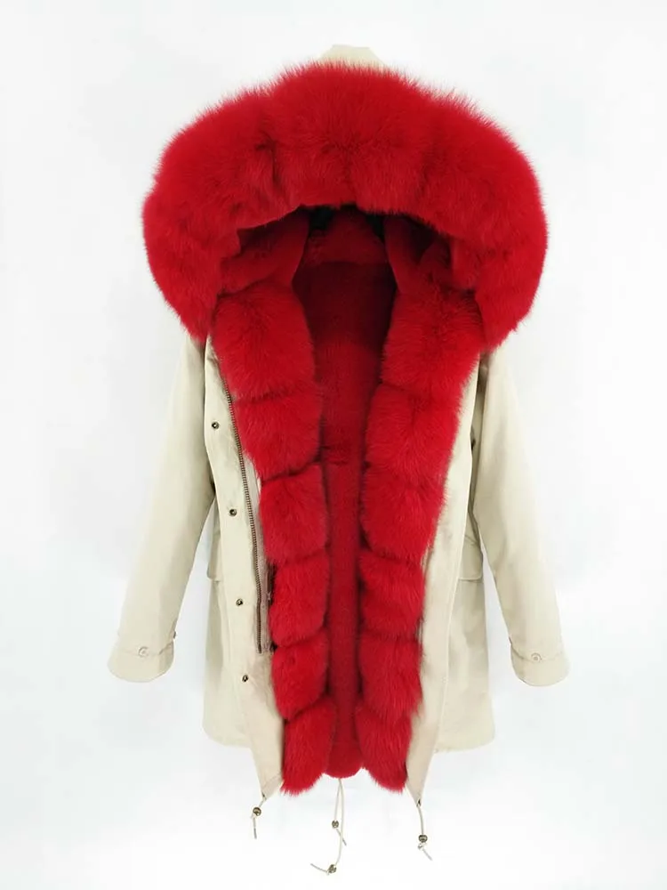 red fur Непромокаемая Длинная зимняя парка Куртка женская Меховое пальто Воротник мех лисы Теплая уличная мода новая - Цвет: red fur