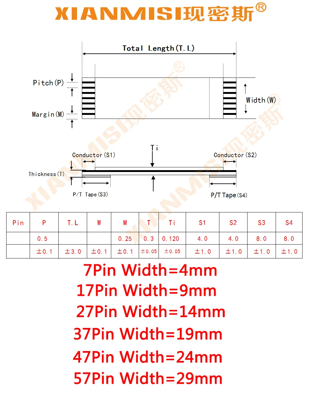 FFC FPC плоский гибкий кабель 7Pin 17Pin 27Pin 37Pin 47Pin 57Pin с одной стороны 0 5 мм Шаг AWM VW-1 20624 20798