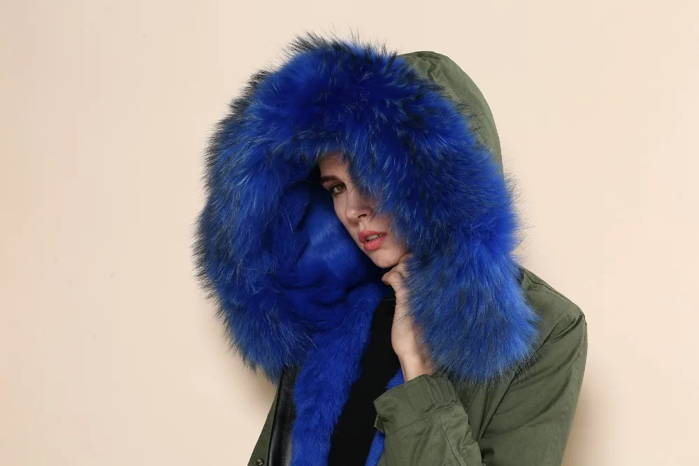 Темно-зеленая женская зимняя пуховая модная синяя шапка длинная парка высшего