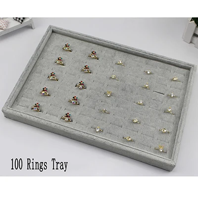 100 Rings Tray Высокое качество ювелирных изделий дисплей лоток набор серый бархатное ожерелье браслет, серьги, кольцо лоток для драгоценных изделий - Цвет: 100 Rings Tray