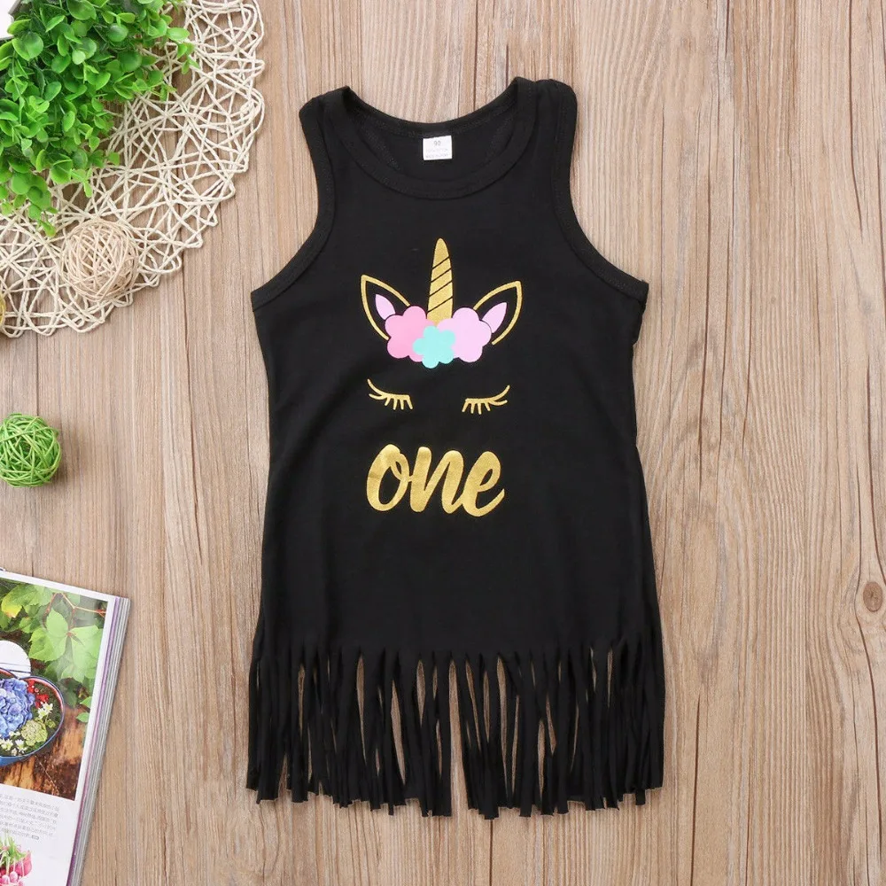 Pretty Baby Girls Dress ONLY One Latest Cotton Black Unicorn Tassel Sleeveless Dresses Kids Casual Party Clothes | Детская одежда и