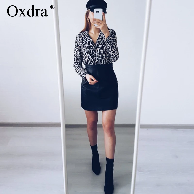 Женская леопардовая блузка Oxdra 4 вида цветов с длинным рукавом и отложным