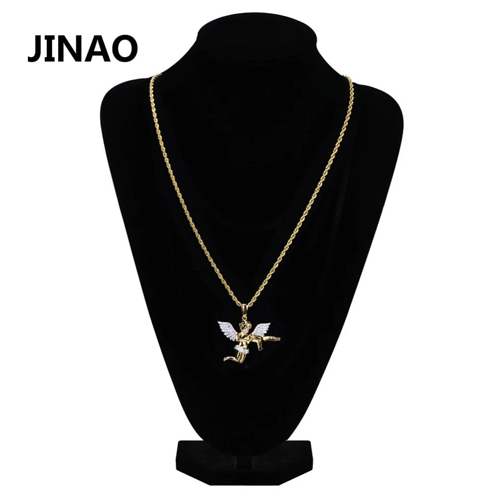 Jinao для хип-хопа цвет медно-Золотой покрытием Iced Out Micro Pave CZ каменное Крыло ангела с полным кулоном Ожерелье для мужчин и женщин