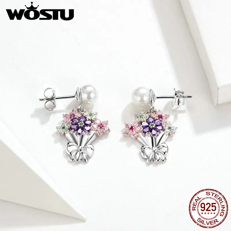 WOSTU большие красочные серьги 100% настоящие 925 пробы серебряные держащие цветы CZ