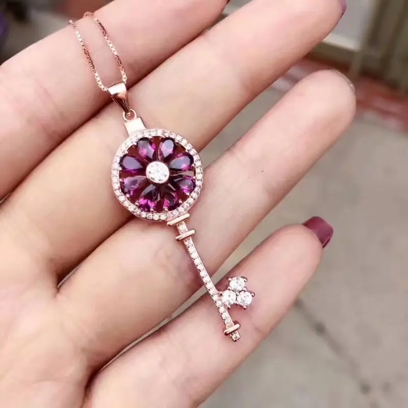 natural red garnet gem Pendant natural gemstone pendant necklace S925 silver Elegant Mind key lady child party gift fine jewelry