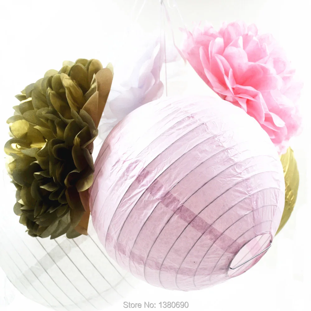 6 шт 8 дюймов (золотой розовый белый) Бумага фонарь ткань Pom Poms Свадебный декор