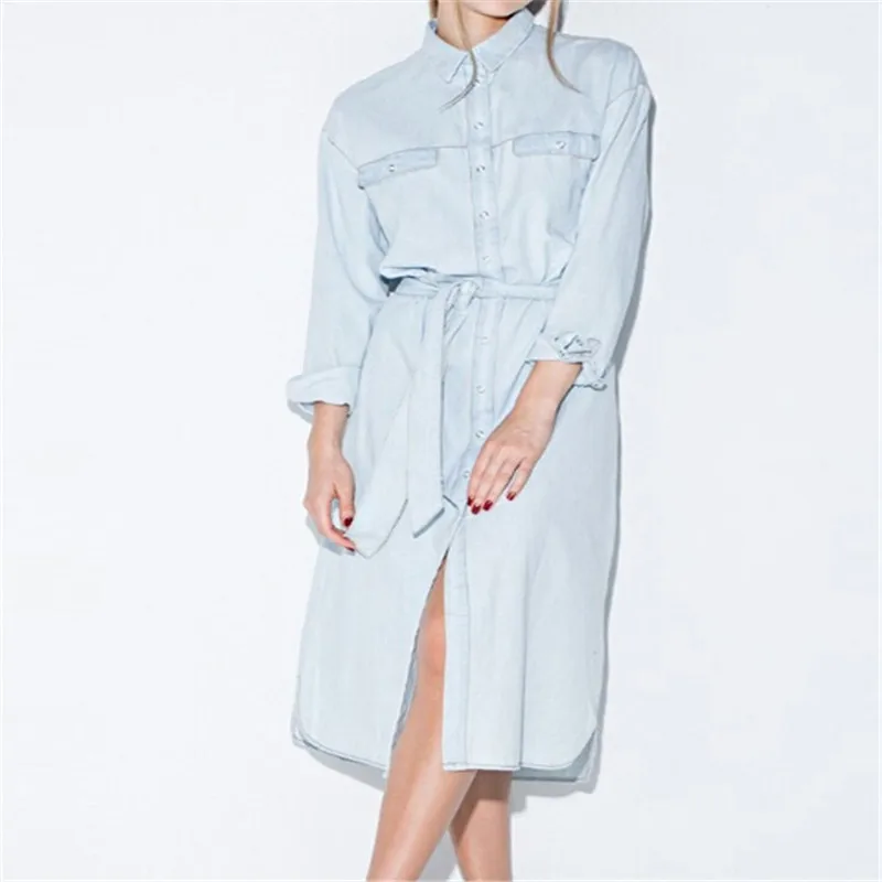 2016 Новая осень зима Длинный Рукав Denim Платье Однобортный Тонкая Талия Шнуровкой