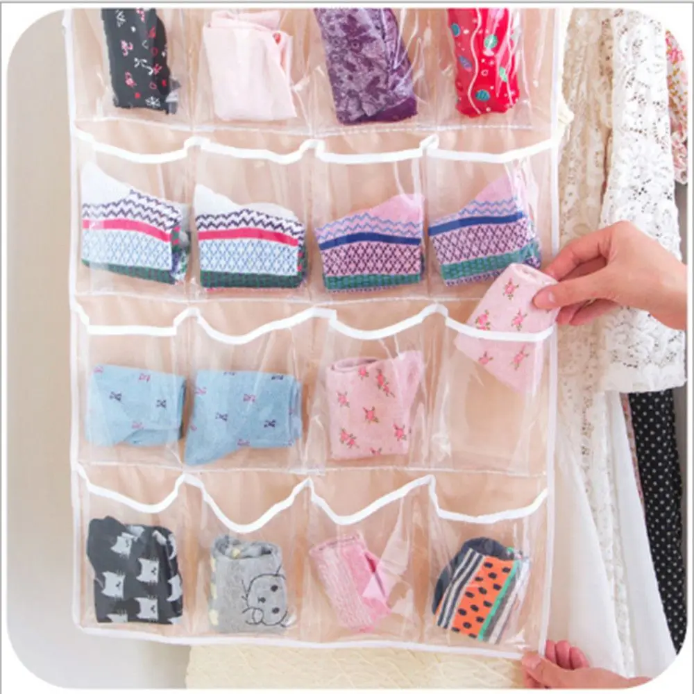 

16Pockets Clear Hanging Bag Socks Bra Underwear Rack Hanger Storage Organizer Free Drop Shipping Door Wall Hanging Closet
