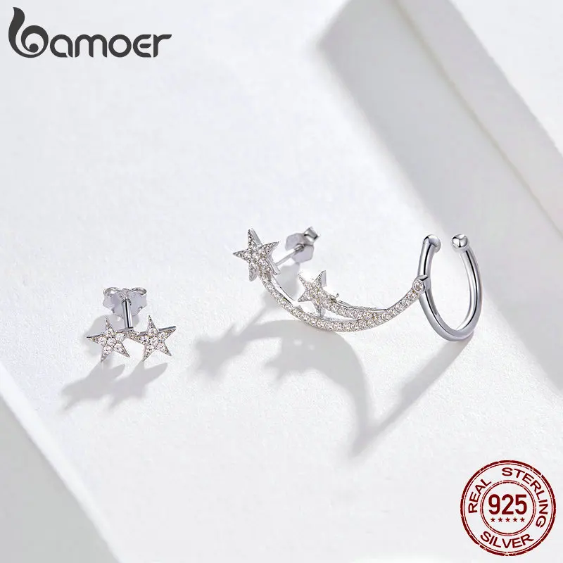 Женские асимметричные серьги гвоздики BAMOER Star Comet прозрачные с фианитами 925 пробы
