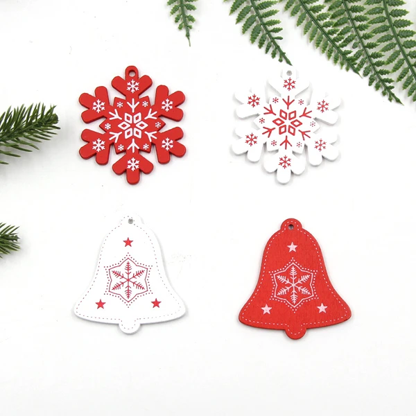Mix Snowflake Bell 12 шт./лот DIY белые и красные рождественские печатные деревянные подвески, украшения для детей, рождественские подарки, украшения для елки - Цвет: Mix Snowflake Bell