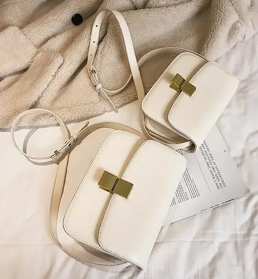 2 bagswhite Luxury Brand Handbag New Fashion Simple Square bag Quality PU Leather Women's Designer Handbag Lock Shoulder Messenger bags - Цвет: 2 bagswhite