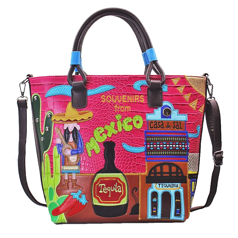 Women Shoulder Bags Leather Patchwork Embroidery Messenger Bag Handbags Totes Braccialini Brand Style Cartoon Souvenirs Mexico | Багаж и