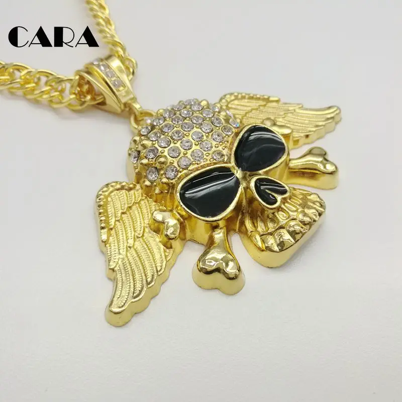CARA новинка шикарные Стразы пиратский череп крылья кулон и ожерелье золотой цвет