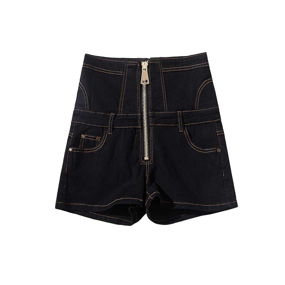 

Black High Waist Zipper Jeans Shorts for Women Street Fashion Plus Size Back Lace-up Summer Denim Short Pants