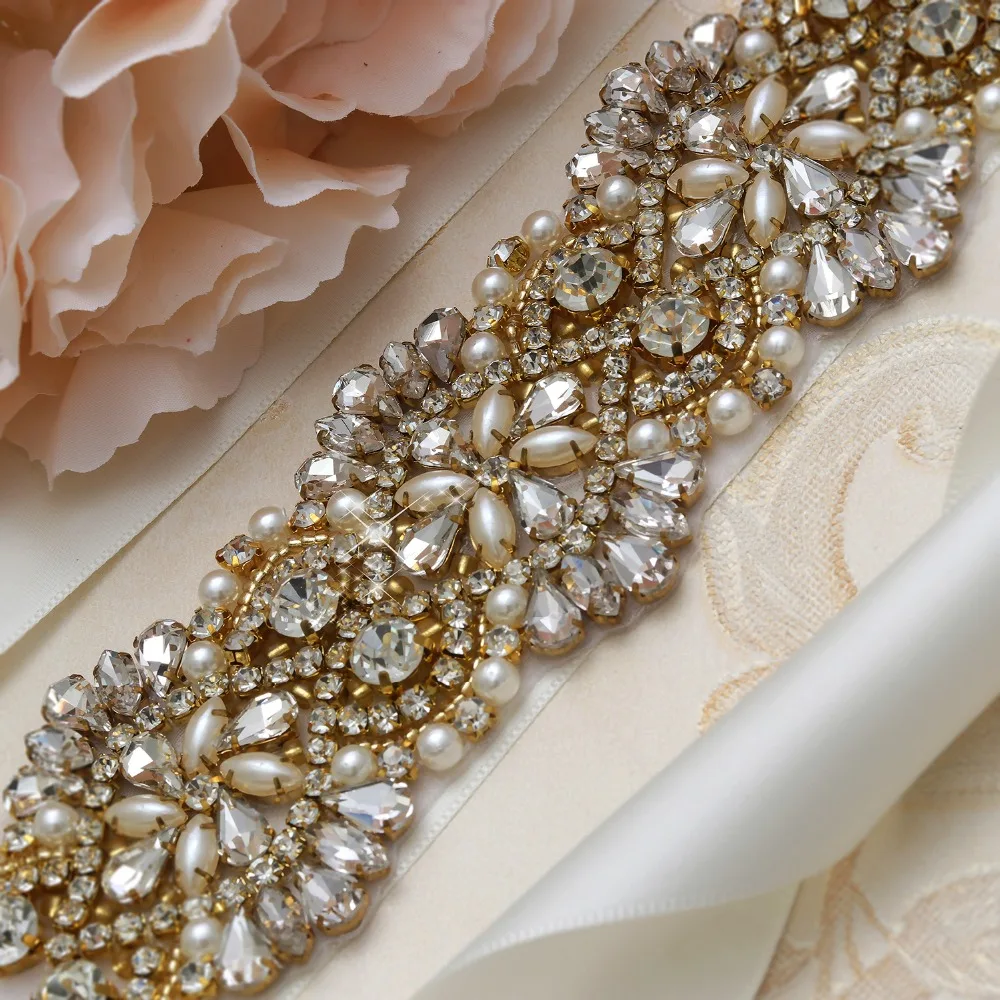 yanstar Handmade Pearls Bridal Belt Gold Crystal Wedding Rhinestones Sash For Dresses XY811 | Свадьбы и торжества