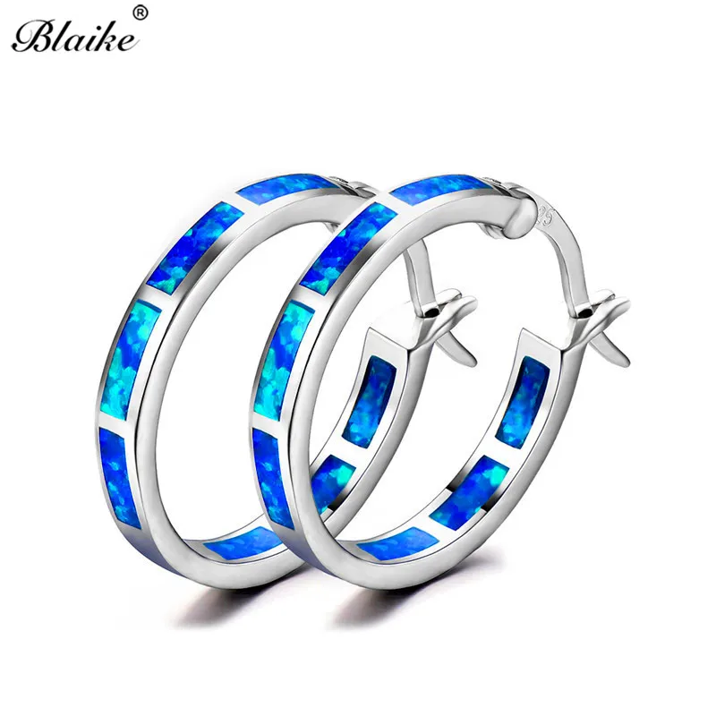Blue Blaike Женский Большой Круглый Круг Серьги Кольца для женщин Мода 925 Серебряный Белый/Сережка из голубого опала милые свадебные украшения - Окраска металла: Blue
