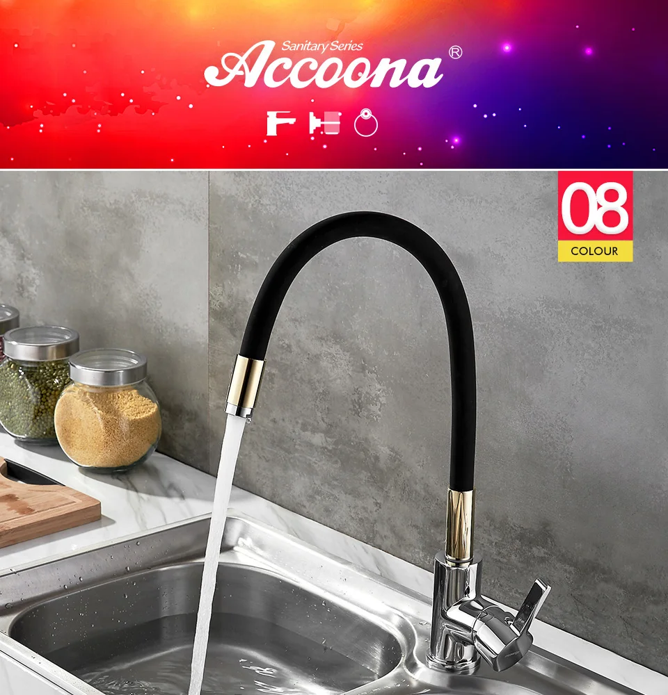 Accoona, силиконовая трубка, кухонный кран, латунь, выдвижной смеситель, раковина, одна ручка, на бортике, кран для горячей и холодной воды A9890