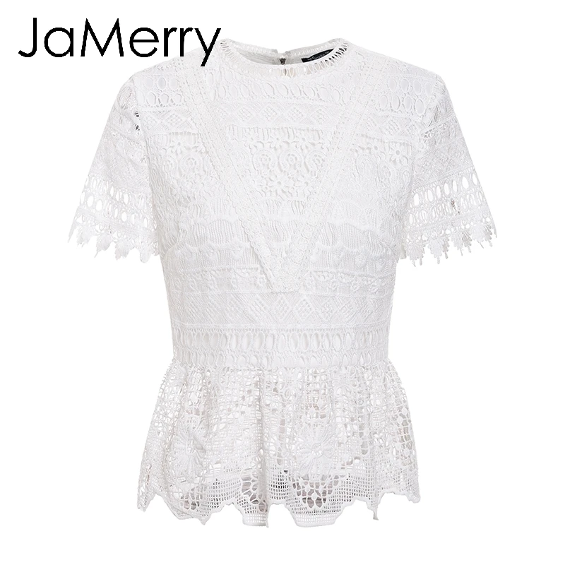 JaMerry винтажная белая кружевная женская блузка с вышивкой рубашка коротким
