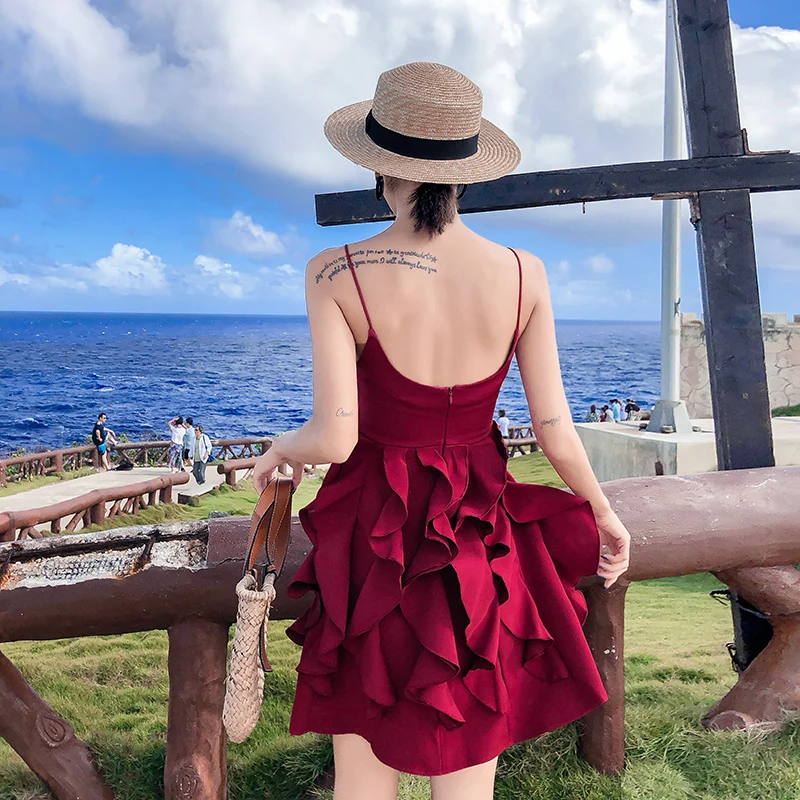 2019 летние красные подтяжки на бретельках большие качели вечерние платья женское