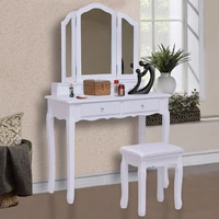 giantex white tri folding mirror vanity makeup table stool set home desk with 4 drawers bedroom modern dresser hw55563wh