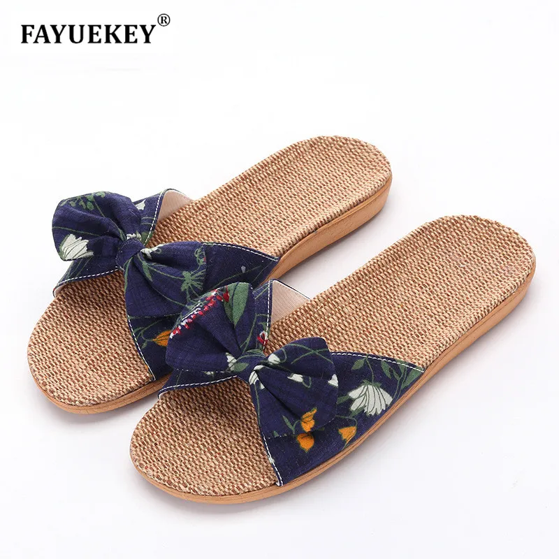 FAYUEKEY/2020 летние домашние льняные дышащие тапочки с принтом и бантом Женские