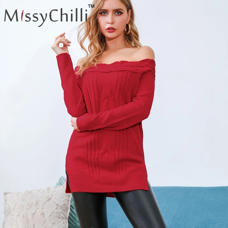 MissyChilli с открытыми плечами сексуальное красное платье-свитер джемпер длинными