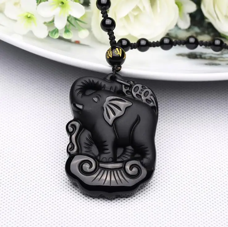 Подвеска из натурального черного обсидиана с ручной резьбой в виде слона и