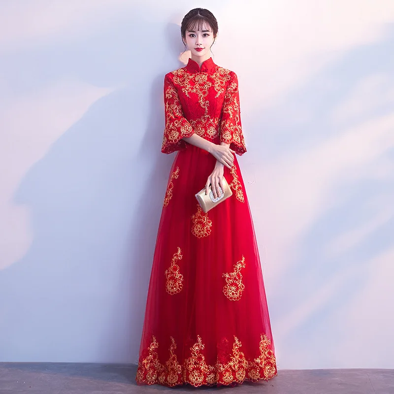 Современное китайское платье, кружевное, Ципао, винтажное, Cheongsam, платья подружек невесты, винно-красное, с роговыми рукавами, Qi Pao, традиционное вечернее платье - Цвет: Big Red Seven-S