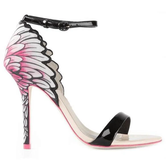 

Summer Sexy Ladies Peacock Tail Printing Leather Sandals Plated Stilettos High Heels Open Toe One Strap Party Flower High Heels