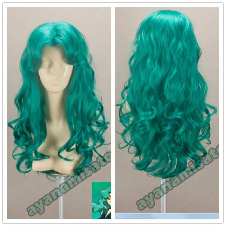 

Kaiou Michiru Wigs Sailor Neptune Long Green Curly Heat Resistant Synthetic Hair Cosplay Costume Wig + Wig Cap