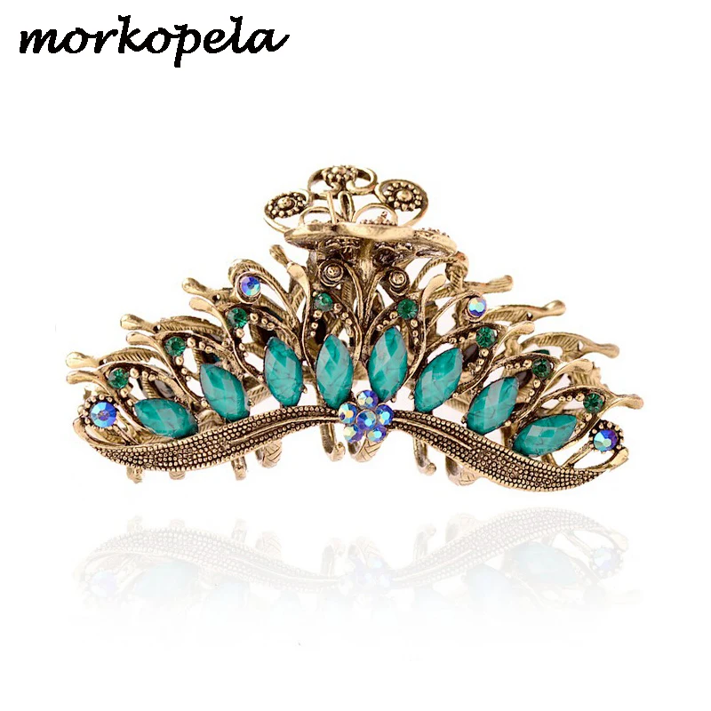 Morkopela Big Metal Hair Claw Crab Vintage Rhinestone Hair Clip Accessories Retro Flower Hair Claws For Women Banquest Jewelry