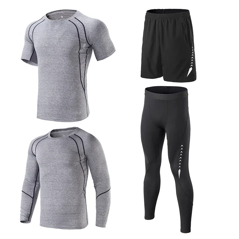 4pcs gray set Комплект мужской одежды для бега баскетбольный Спортзал Фитнес Спортивный комплект одежды шорты теннисные футболки, лосины, куртки костюм футболка одежда спортивная одежда - Цвет: 4pcs gray set