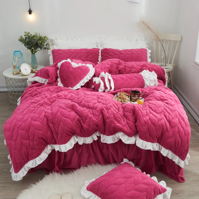 

4Pcs Pile fabric Princess style luxury bedding sets queen king size duvet cover set bed skirt set pillowcase bedclothes