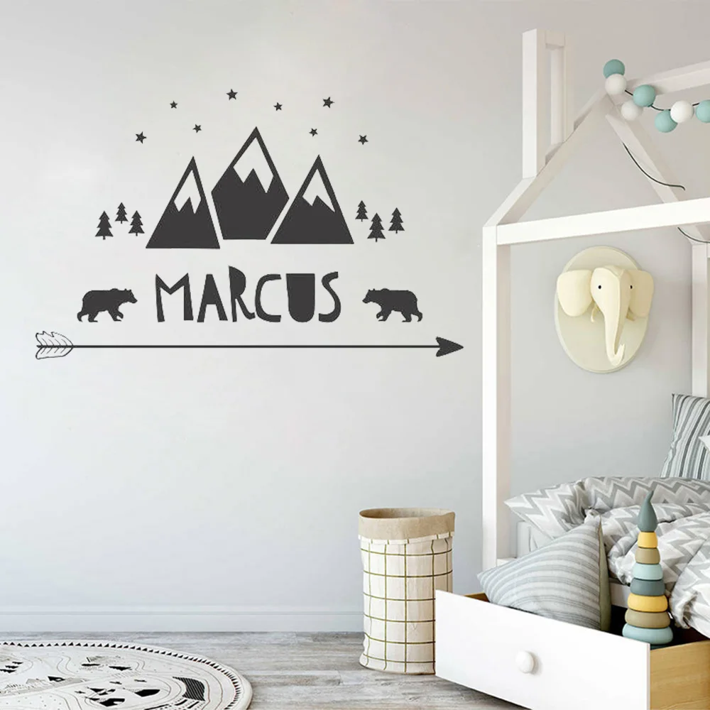 

Personalized Kids Wall Sticker for Baby Nursery Name Decal Scandinavian Arrow Stars Bears Trees Mountains Vinyl Wall Decal A01