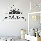 Персонализированная Детская Наклейка на стену для детской комнаты, наклейка с именем, скандинавские стрелы, звезды, медведи, деревья, горы, Виниловая наклейка на стену A01