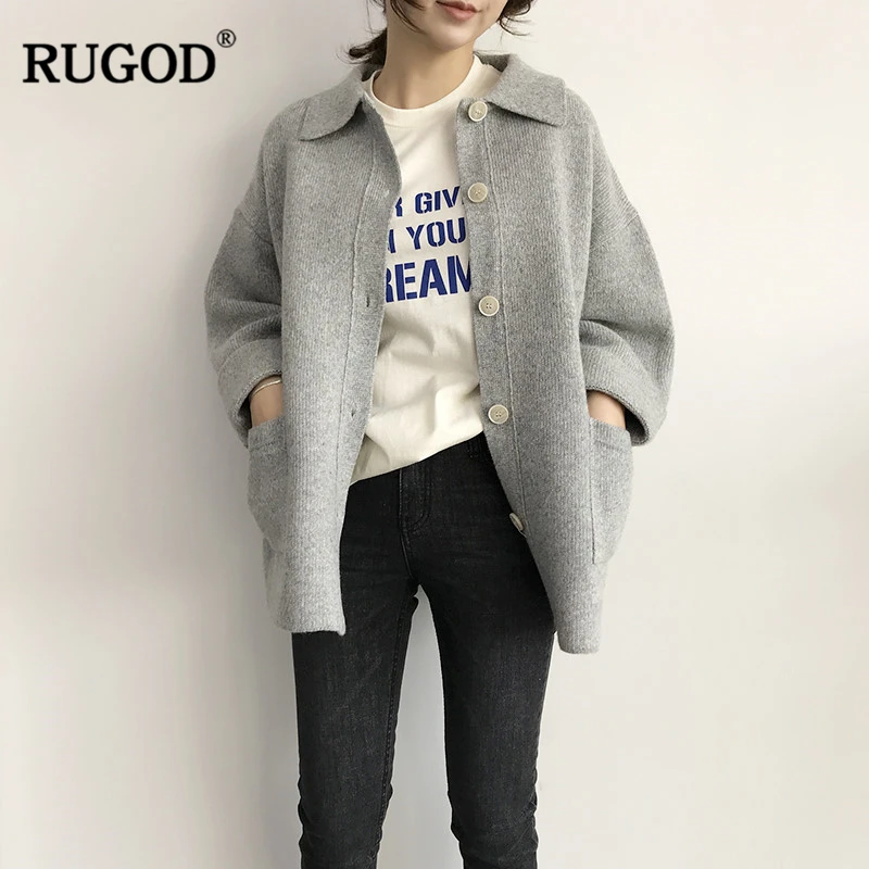 RUGOD осенне-зимний толстый свитер, кардиганы для женщин, модный однобортный вязаный кардиган с карманами, пальто для женщин