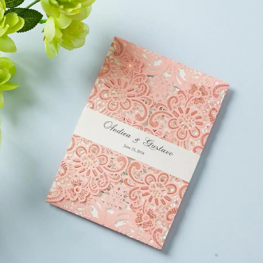 WISHMADE розовые цветочные кружевные Пригласительные открытки с ремнем рельефным