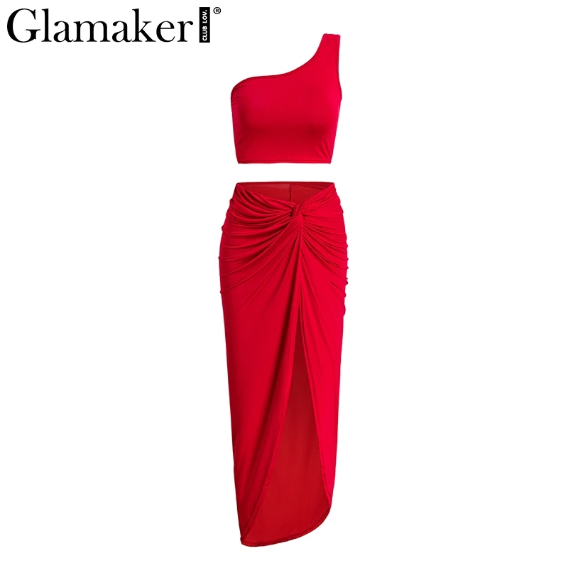 Красный Glamaker, неоновое длинное платье на одно плечо, 2 шт., женское облегающее Клубное платье миди, летнее сексуальное укороченное платье размера плюс, нестандартные платья - Цвет: Красный