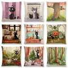 Женская Веселая приключение, интересная черная кошка, милая котенка, мультяшная маленькая мышь, забавная котенка, лиса, звезды, подушка, диванная подушка