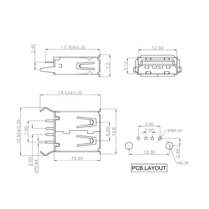 50 шт./лот USB 2 0 A Тип женские изогнутые ножки 4Pin коннекторы 15 мм разъем Jack Tail Plug Sockect