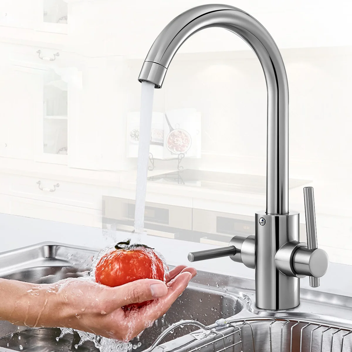 

Brass Nickel Plated Kitchen Sink Faucet Mixer Tap Swan Neck Twin Lever Cold And Hot Single Hole Modern Design Deck Mounted