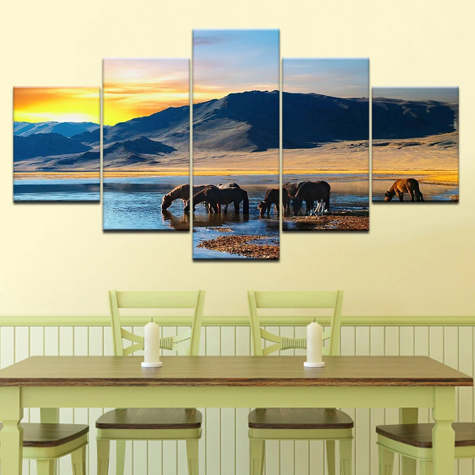 5 шт./компл. лошадь пить воду фотографии Wall Art Картины изображение Печать на холсте