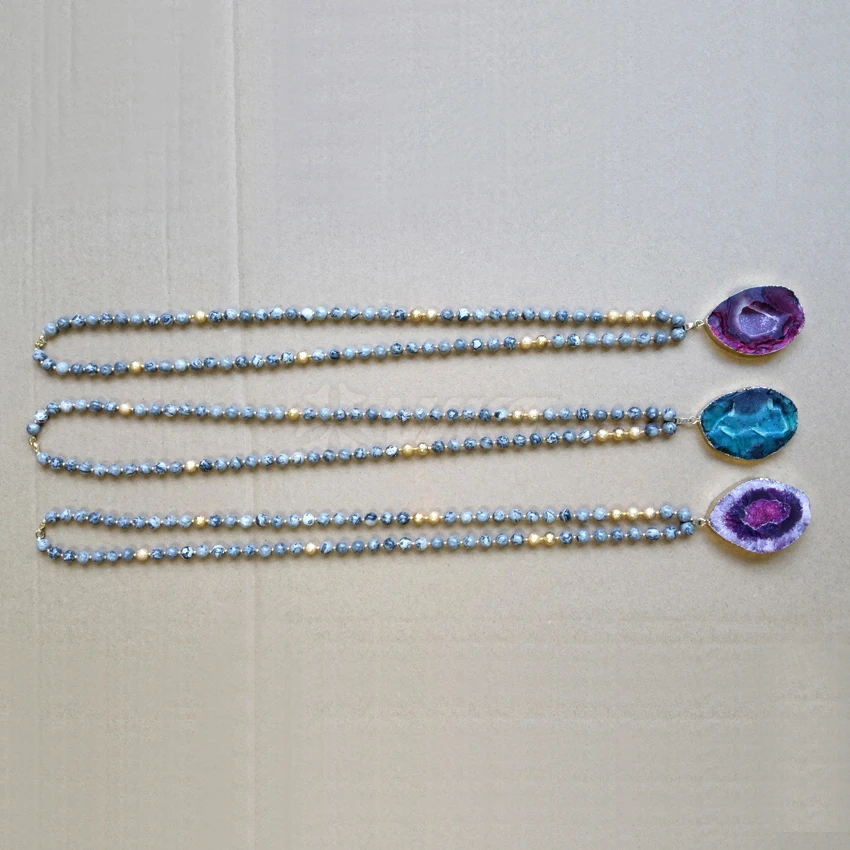 

WT-N1053 Wholesale natural 8mm round map beads necklace High quality egg shape geode druzy a-gate with gold palting beads chain
