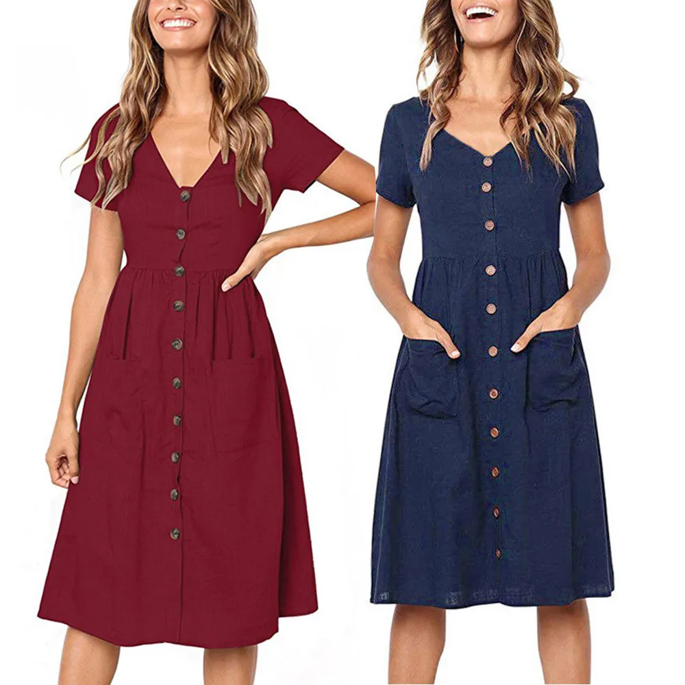 Womens Party Dress Holiday Summer Dress Women Beach Solid short Sleeve Buttons Party Dress