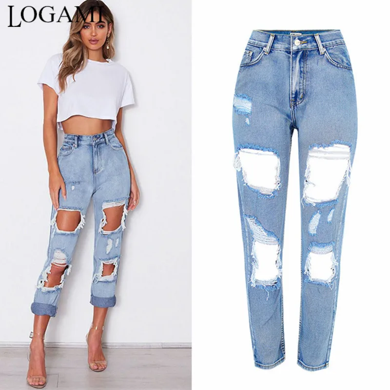 

Женские прямые рваные джинсы с высокой талией LOGAMI, светло-голубые джинсы свободного покроя на лето и осень