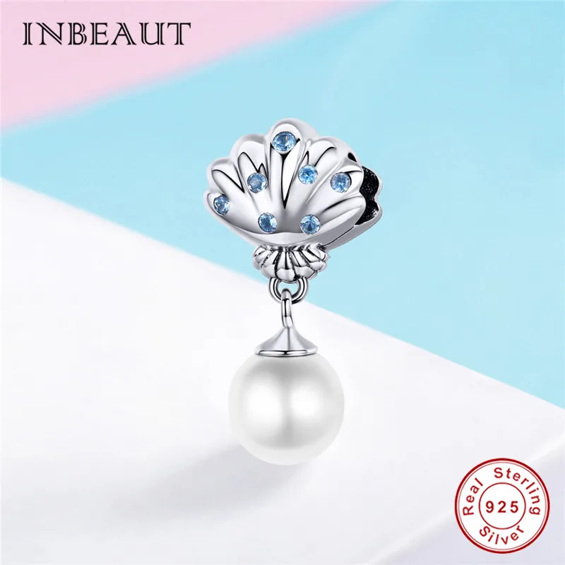 INBEAUT 100% реальные 925 Серебряные синие CZ ракушки жемчужные бусины подходят для