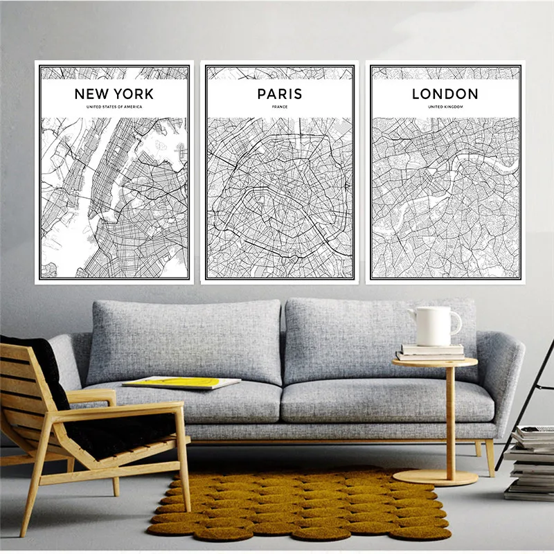 Map Famous City Nordic Canvas Painting Home Decor Wall Art Landon Paris Milan Black Living Room Office Hotel Poster Backdrop DIY | Дом и сад