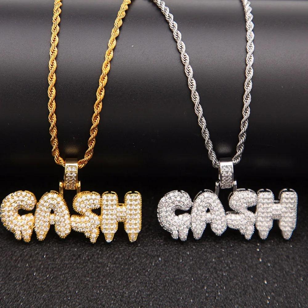 

Full AAA CZ Zircon Paved Bling Iced Out Bubble Letter Cash Men Hip Hop Rapper Pendant Necklace Gold Color Alphabet Jewelry